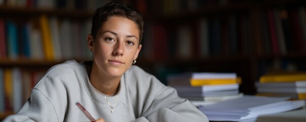 Focused non binary student working in library environment for education theme