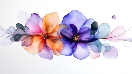 purple, orange and blue flowers on a white background with water droplets