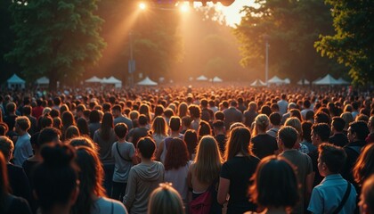 Enormous Crowd Enjoying Outdoor Concert Event Bathed in Warm Sunlight Spectacle