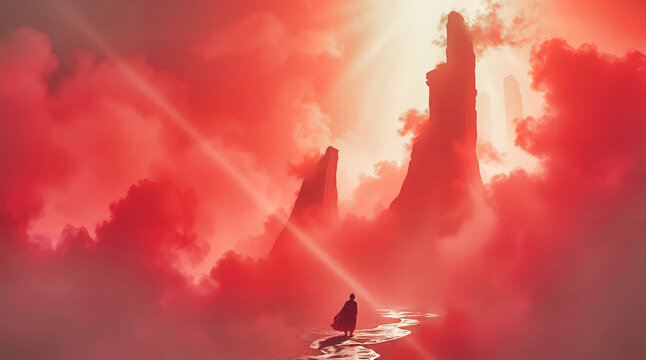 Depiction of the theme of a fantastic journey through red mist.