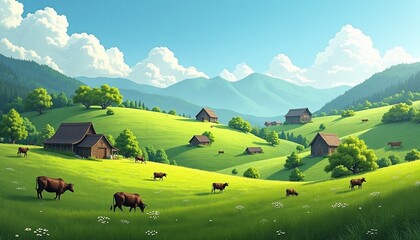 Idyllic Rural Scene with Grazing Cows and Rolling Green Hills under a Blue Sky