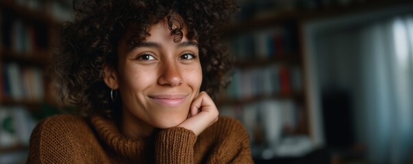 Diverse student smiling confidently in a cozy learning environment for online education