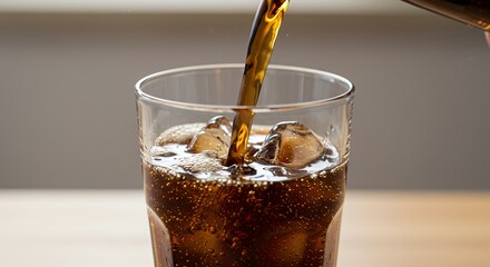 Refreshing cola drink cascading into glass with ice, fizzy bubbles delight