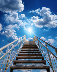 A stairway with metal railings ascends upward toward a brilliant sunburst in a vivid blue sky filled with fluffy white clouds creating a heavenly atmosphere.
