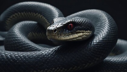 Captivating close-up of a sleek black snake with piercing red eyes