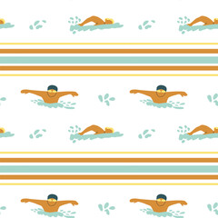 Seamless pattern of swimmers in water with stripes and splashes.