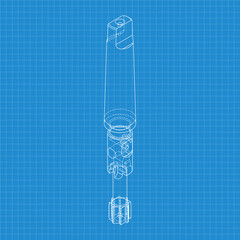Mechanical engineering drawings. Tap tools, borer. Technical Design. Cover. Blueprint. Step Cutting Tool with Countersinking Function. Technical 3D Vector Illustration