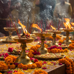 Indian Ritual Diyas Flowers Puja Ceremony