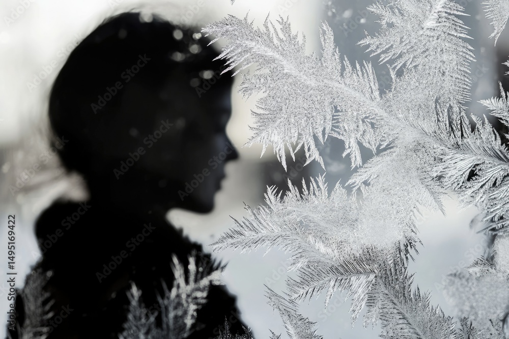 Aufkleber silhouette of a person visible through a window covered in intricate frost patterns.
