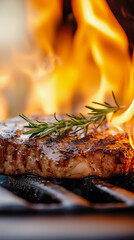 Grilled steak over open flame, with grill marks and rosemary.