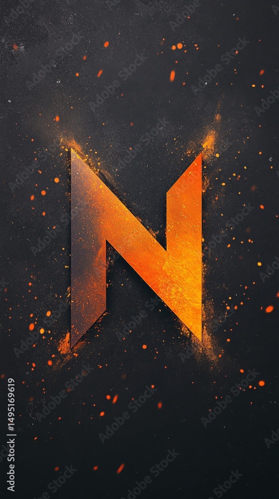 Poster large orange letter n exploding with sparks on dark textured background, ideal for gaming logos or n
