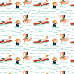 Playful beach pattern with diverse characters relaxing on floaties in waves.