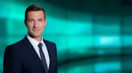 Professional man in a suit stands confidently in front of a vibrant blue backdrop. The image portrays a modern business environment. Ideal for corporate use and presentations. AI