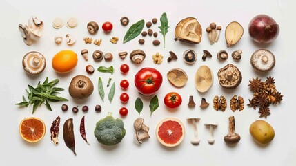 Assorted Fresh Produce and Vegetables Arranged in a Pattern