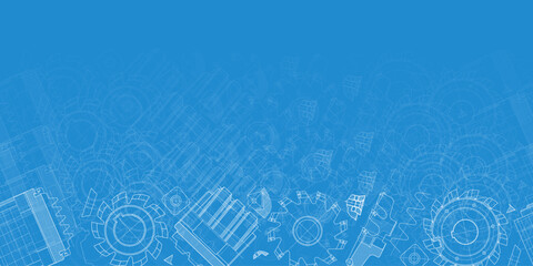 Mechanical engineering drawings on blue background. Cutting tools, milling cutter. Technical Design. Cover. Blueprint. Horizontal seamless pattern. Vector illustration.