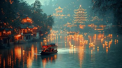 River scene nighttime lanterns - Powered by Adobe