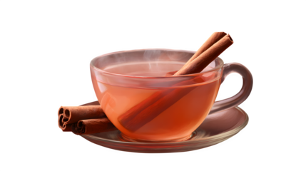 a cup of hot apple cider with cinnamon sticks, steam rising, isolated on transparent background