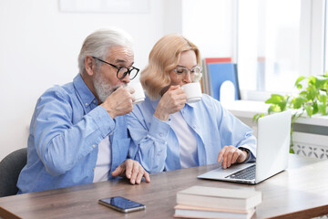 Senior man and mature woman drinking coffee while watching something on laptop at home. Happy couple
