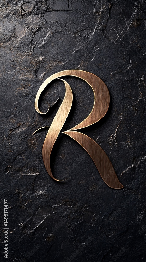 Poster golden letter r standing on a dark textured stone background, creating a sophisticated and elegant v