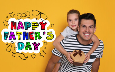 Happy Father's Day. Dad receiving gift from his daughter on orange background
