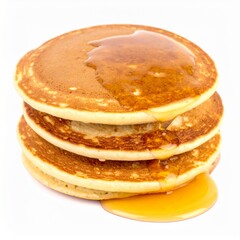 Stack of pancakes with maple syrup isolated on white background for breakfast or dessert concept