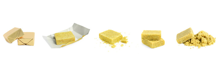 Golden bouillon cubes on white background, collage. Whole and crumbled