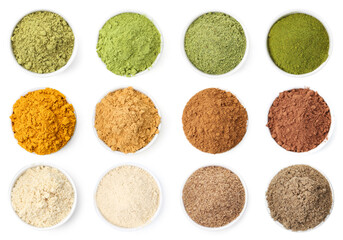 Different superfood powders in bowls on white background, set. Top view