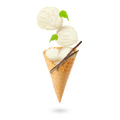 Yummy vanilla ice cream cone and pods in air on white background