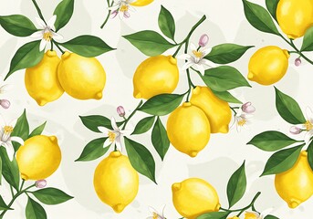 Seamless pattern of watercolor lemons with leaves and blossoms on white background
