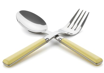 Fototapeta premium Crossed fork and spoon with cream colored handles on white background