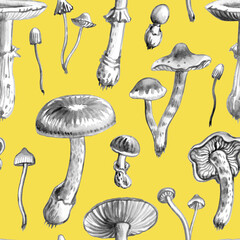 Seamless pattern of gray mushrooms on a yellow background, watercolor illustration, print for fabric and other surfaces.