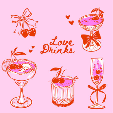 Set of Valentines Day drink illustrations, Hand drawn coquette theme cocktails with cherries and bows, Drink doodle icons for weddings, invitations and drink menu charts