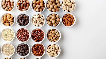 Fototapeta premium Assortment of nuts and seeds in small white bowls
