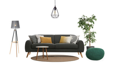 Comfortable sofa, side table, green house plant, ottoman, floor lamp and pendant light on white...
