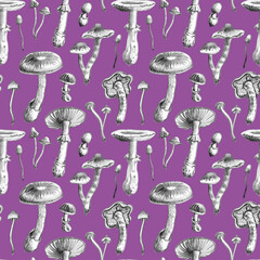 Seamless pattern of gray mushrooms on a purple background, watercolor illustration, print for fabric and other surfaces.