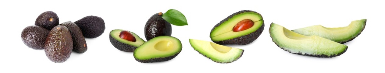 Fresh avocado fruits isolated on white, set