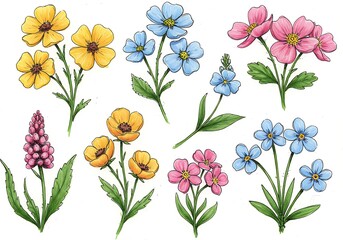 Watercolor illustration of various colorful flower bouquets on a white background
