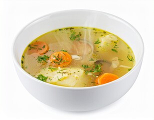 Steaming hot fish broth in bowl isolated on white background with full depth of field for seafood or restaurant concept