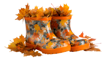 a child's rubber boots filled with autumn leaves, whimsical and cute, isolated on white background