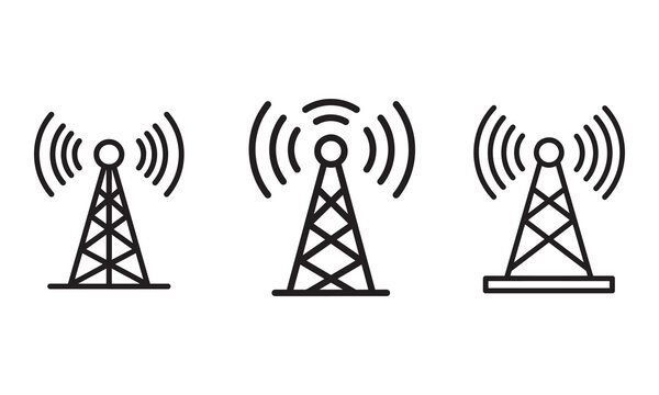 Radio tower / mast with radio waves for broadcast transmission line art vector icon for apps and websites