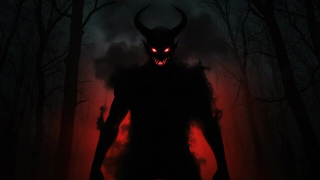 Dark demonic figure with glowing red eyes in a fiery setting