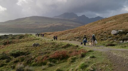Group of people with dogs, hiking through the rugged Scottish landscapes