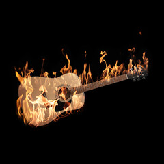 Acoustic guitar with flames in air on black background
