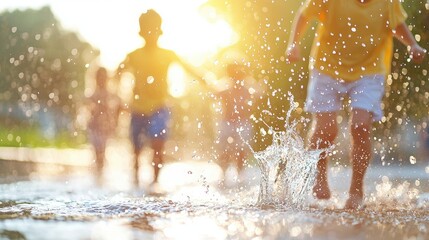 Joyful children splashing in sunny summer puddle a captivating moment of childhood fun and freedom.