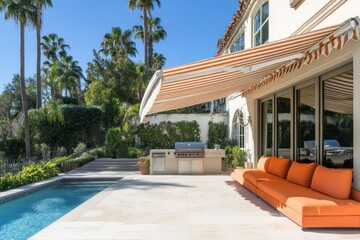 Luxury Poolside Relaxation: Mediterranean Villa with Outdoor Kitchen and Retractable Awning