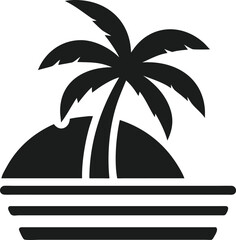 Vintage silhouette logo design featuring a palm tree with a sunset background