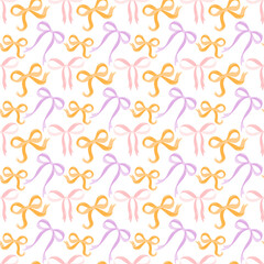 PrintSeamless pattern with decorative bows in pink, purple, and yellow. Bright and soft vector background perfect for packaging, greeting cards, and kids' design.