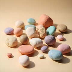 Obraz premium A digitally created or illustrated image depicting an abstract still life arrangement. The composition features various irregularly shaped forms resembling rocks and cheese in a range.generarative.ai