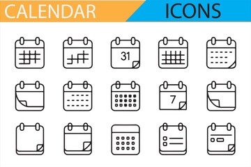 A collection of minimalist calendar icons, featuring different date layouts and calendar types, perfect for user interface designs or apps.