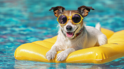 Happy Summer Vacation Celebration Greeting Background, Happy Dog Wearing Sunglasses Lying on Inflatable Mattress in Swimming Pool